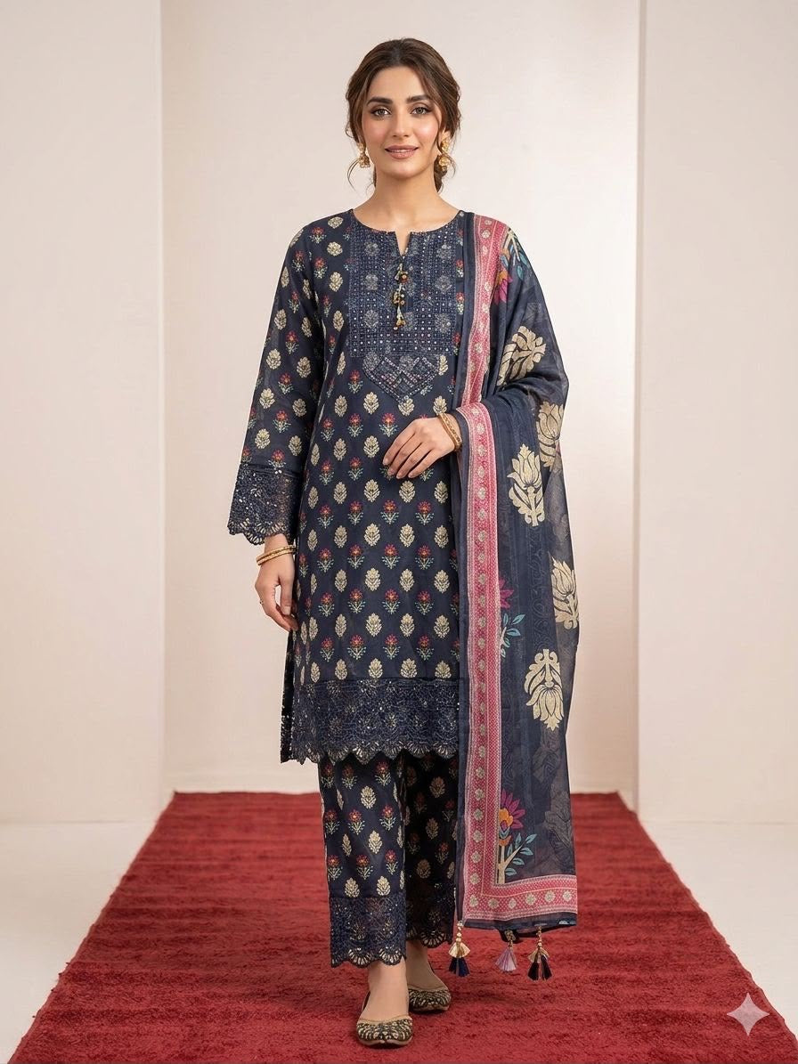 Navy Blue Floral Bouquet Printed Lawn 3-Piece Suit - Front View