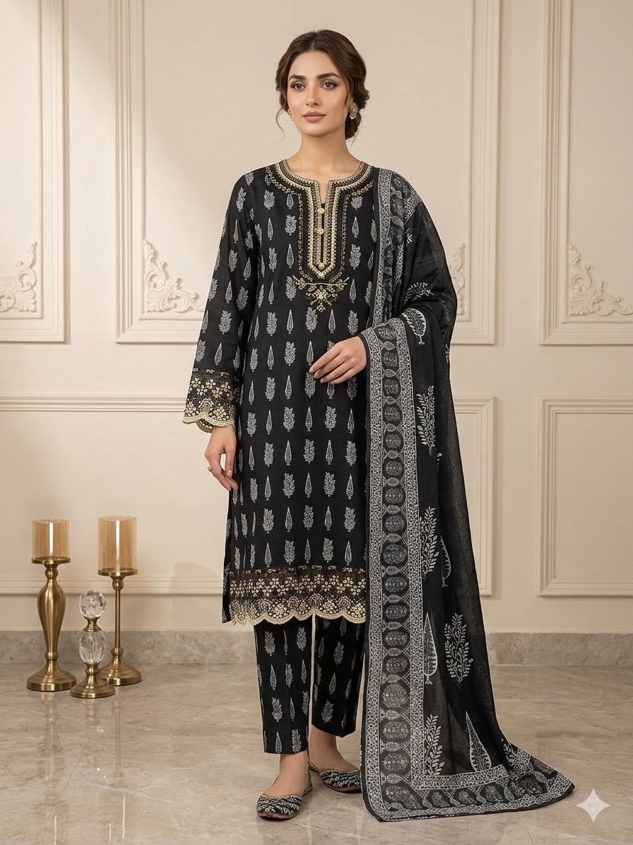 Black White Paisley Printed Lawn 3-Piece Suit - Front View