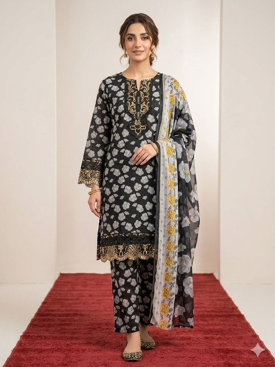 Black Grey Floral Printed Lawn 3-Piece Suit - Front View