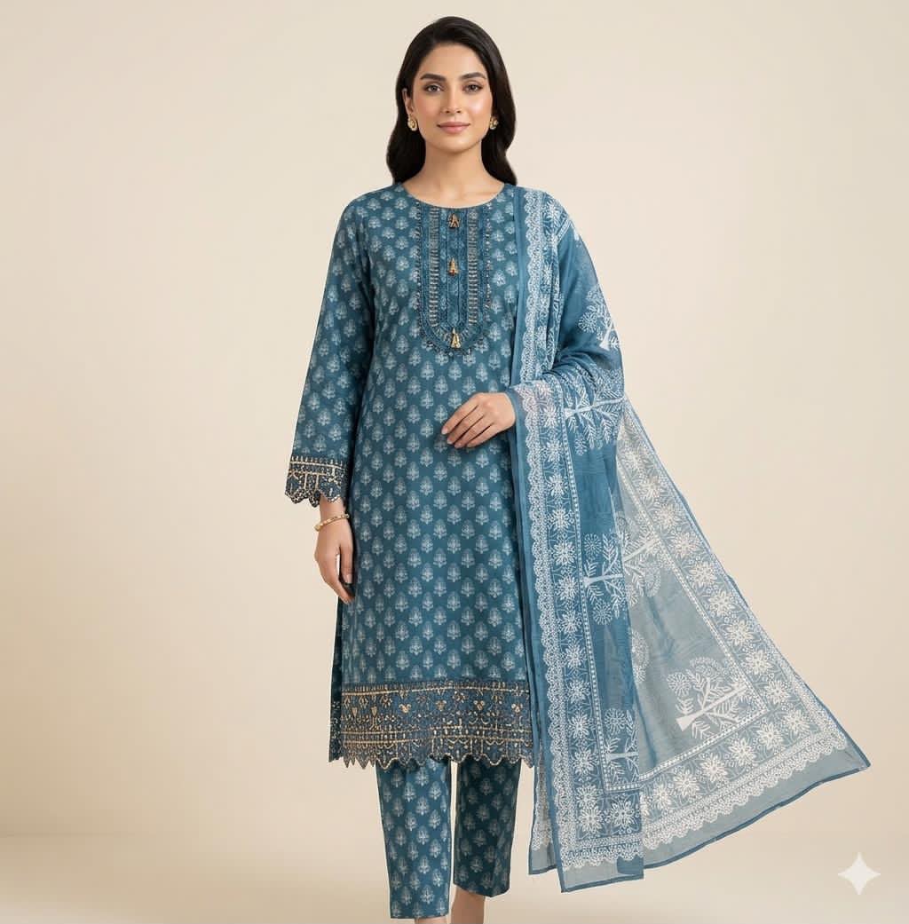 Teal Blue Floral Printed Lawn 3-Piece Suit - Front View