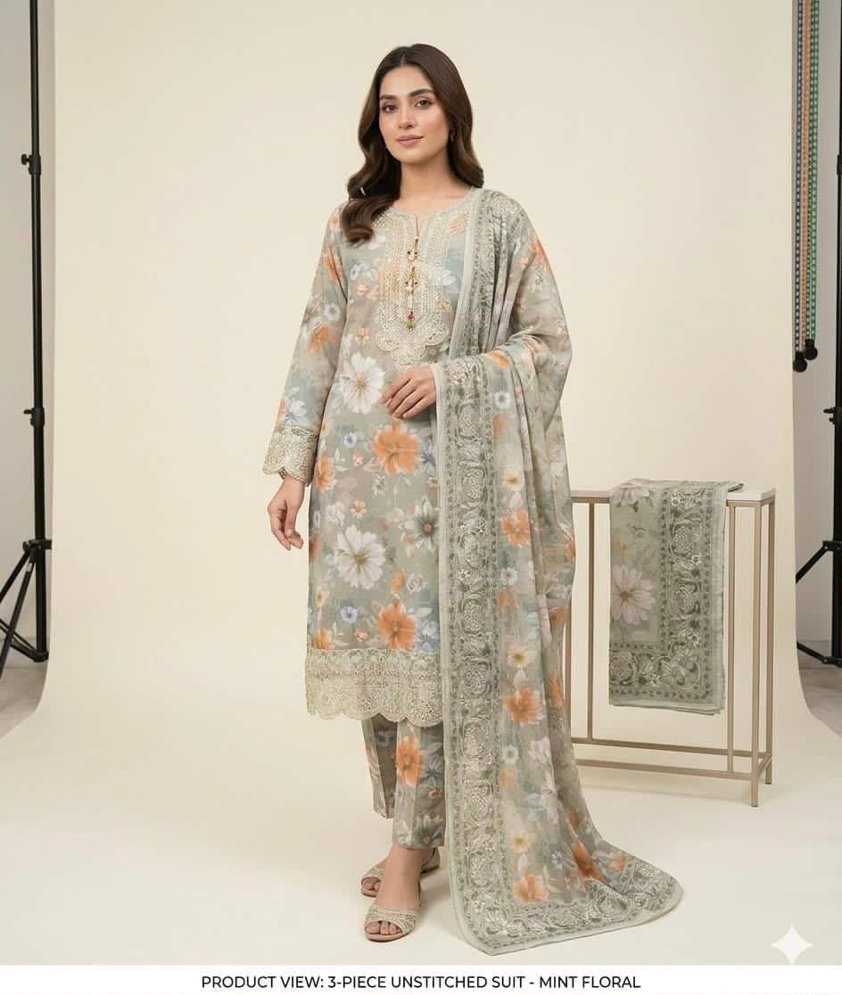 Mint Floral Printed Lawn 3-Piece Suit - Front View