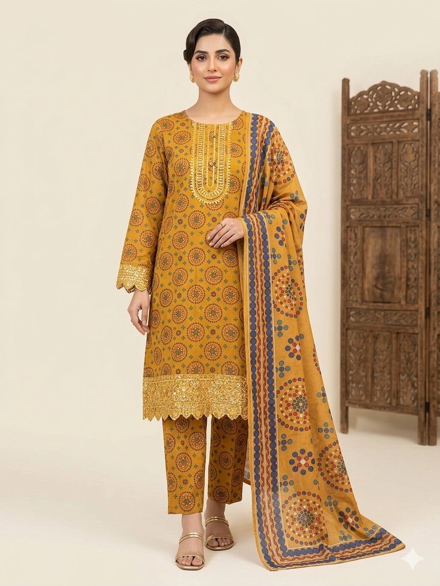 Mustard Geometric Medallion Printed Lawn 3-Piece Suit - Front View