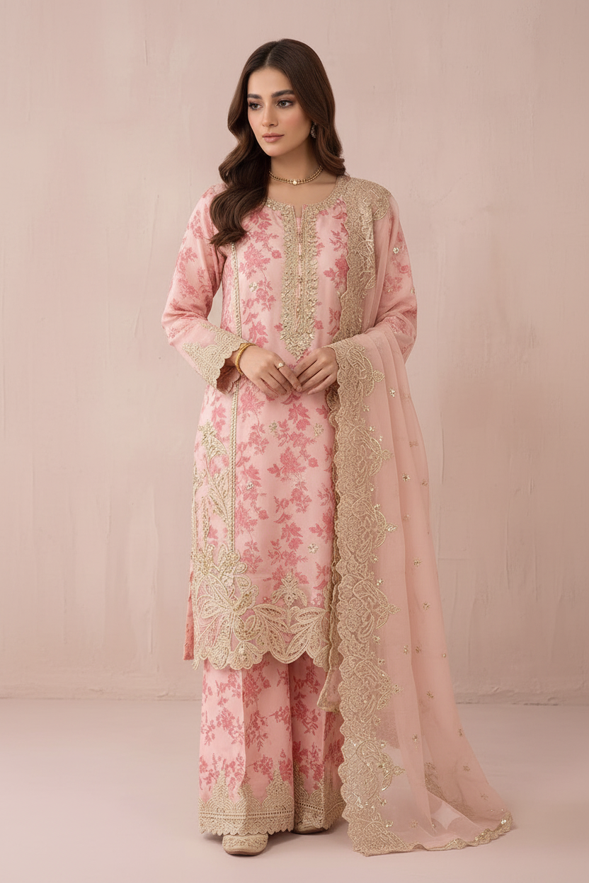 Rose Pink Chiffon Suit - Full Length Studio Shot