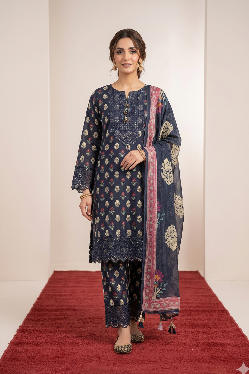 Navy Floral Suit - Full Length Studio Shot
