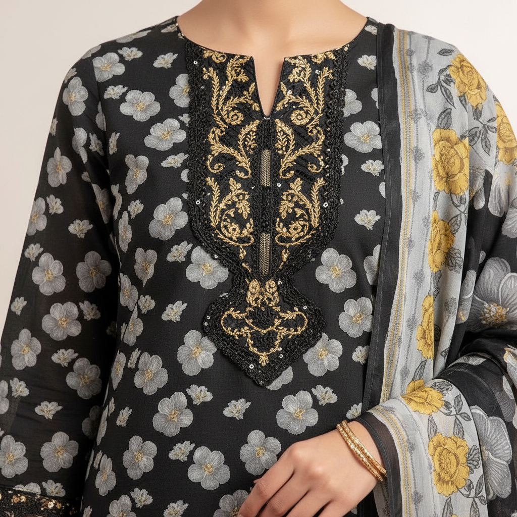 Gold Embroidery Neckline Detail Close-Up