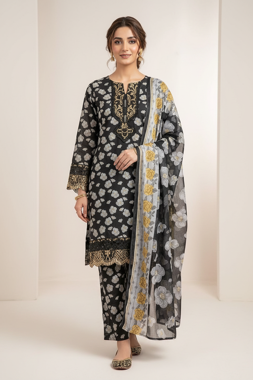 Black Floral Suit - Full Length Studio Shot