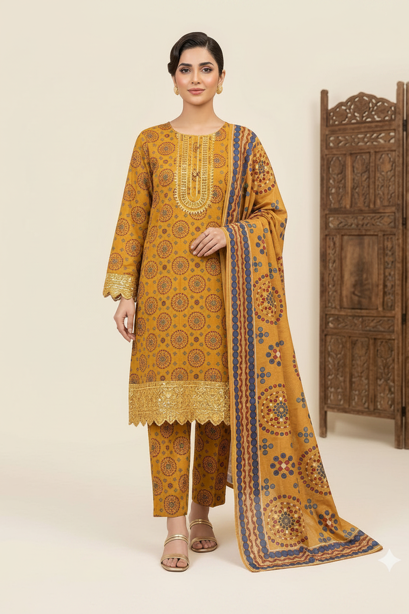 Mustard Printed Suit - Full Length Studio Shot