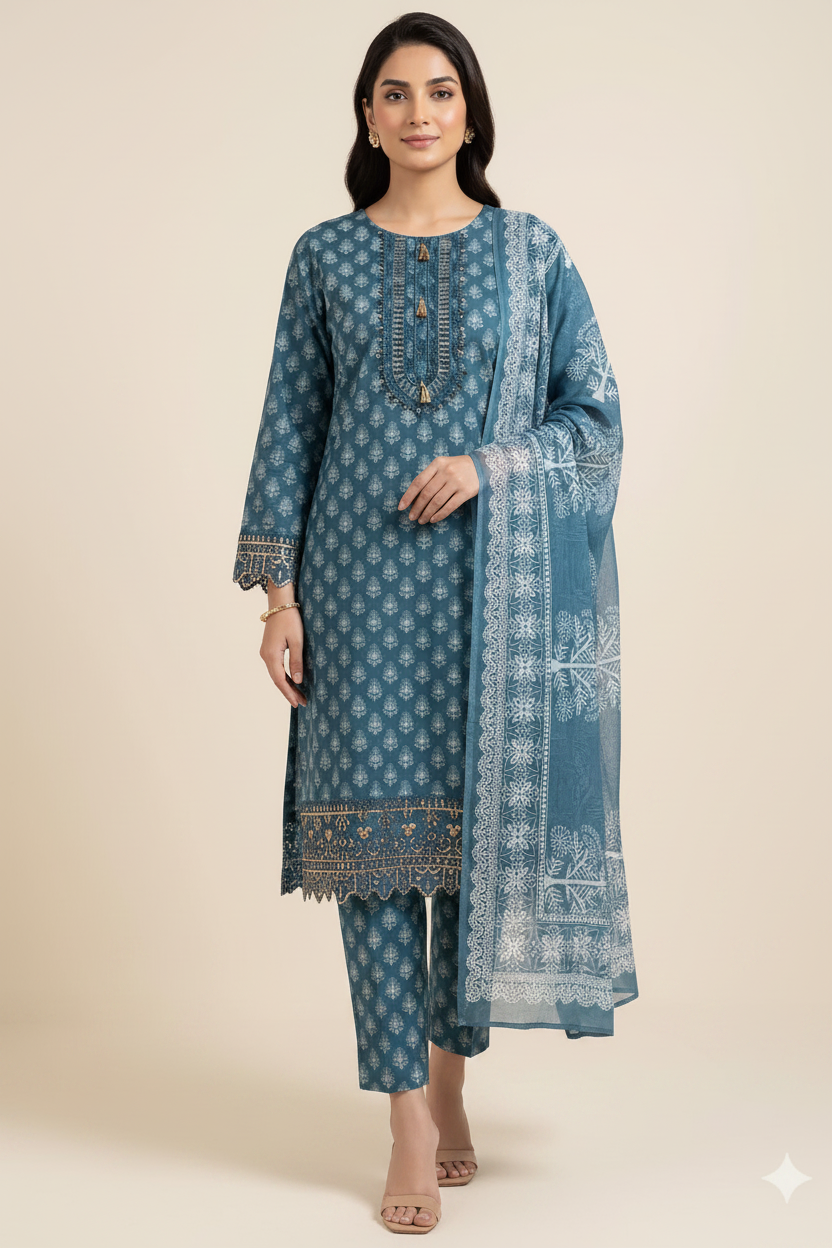 Teal Printed Suit - Full Length Studio Shot
