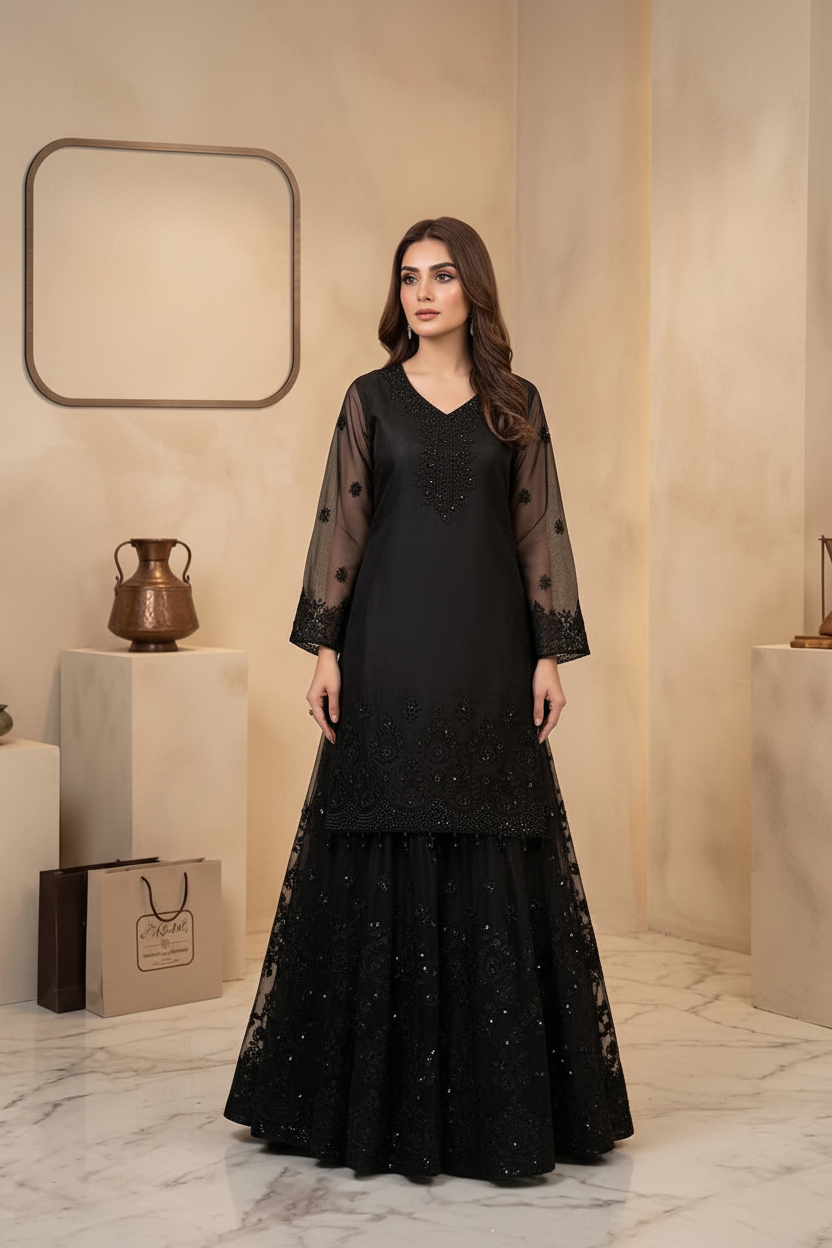Black Organza Suit - Full Length Studio Shot