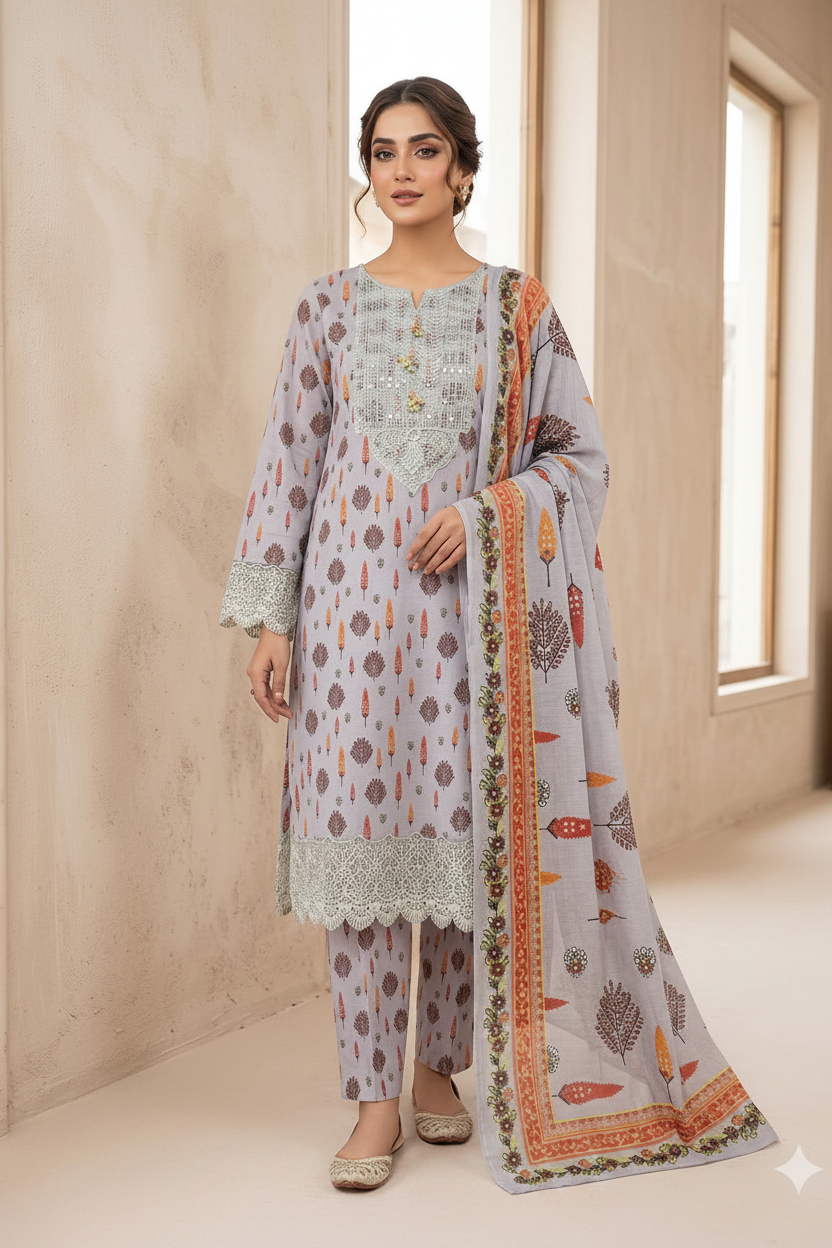 Grey Printed Lawn Suit - Full Length Studio Shot