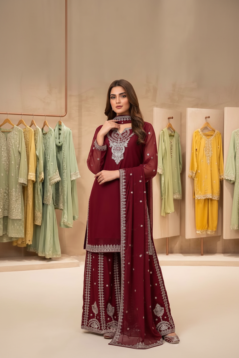 Maroon Georgette Suit - Full Length Studio Shot